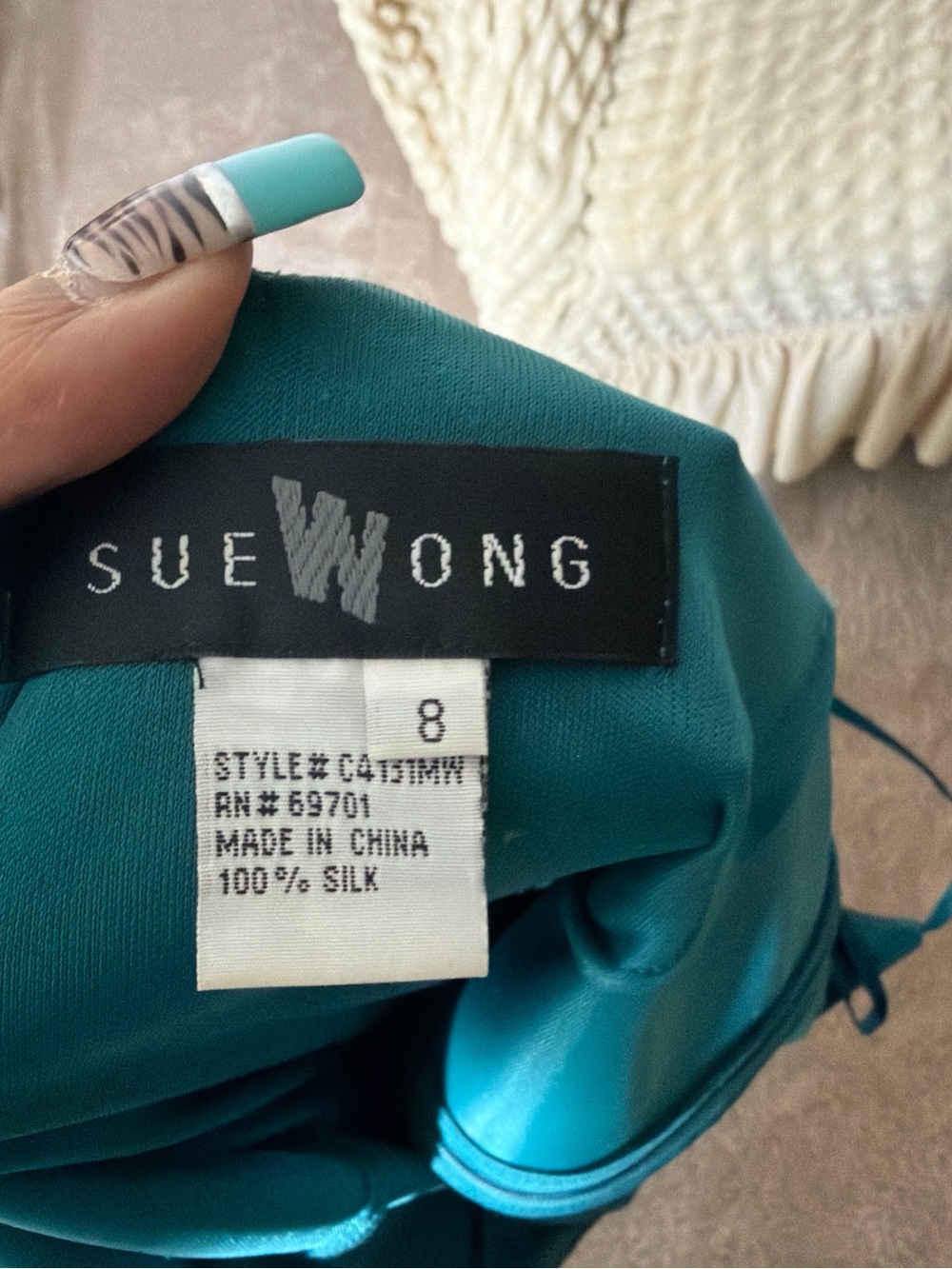 Sue Wong Teal Silk Beaded Button Floral Midi Dress - Picture 6 of 6